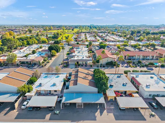 Aerial view of the Old Town Lofts neighborhood and Scottsdale Greenbelt