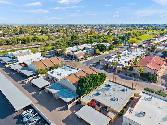 Aerial view of the Old Town Lofts neighborhood and Scottsdale Greenbelt