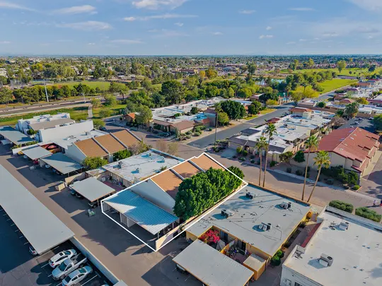 Aerial view of the Old Town Lofts neighborhood and Scottsdale Greenbelt