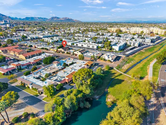 Aerial view of the Old Town Lofts neighborhood and Scottsdale Greenbelt